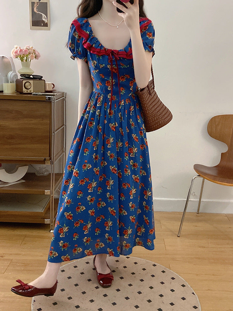 Elegant French Puff Sleeve Floral Maxi Dress – High-End Waist Slim Seaside Holiday Style