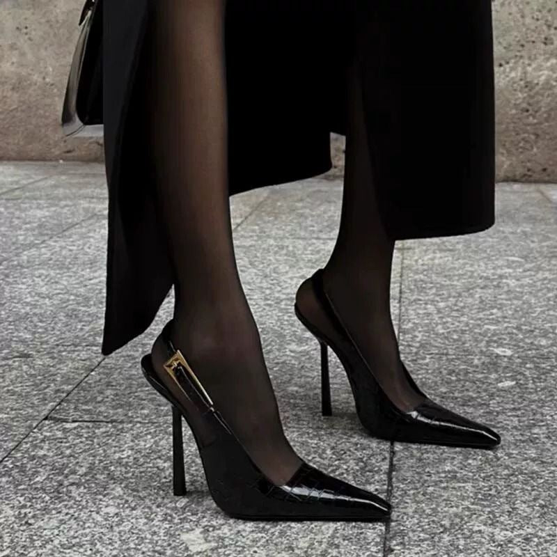 Black Patent Leather Pointed Stiletto Heels – Elegant Metal Baotou Sandals Inspired by Nazha
