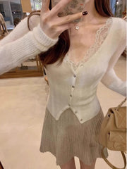 Korean Style Lace Knit V-Neck Sweater Top
