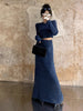 Blue Knitted Sweater Set Dress – Style Elegant High-End Long Skirt for Women