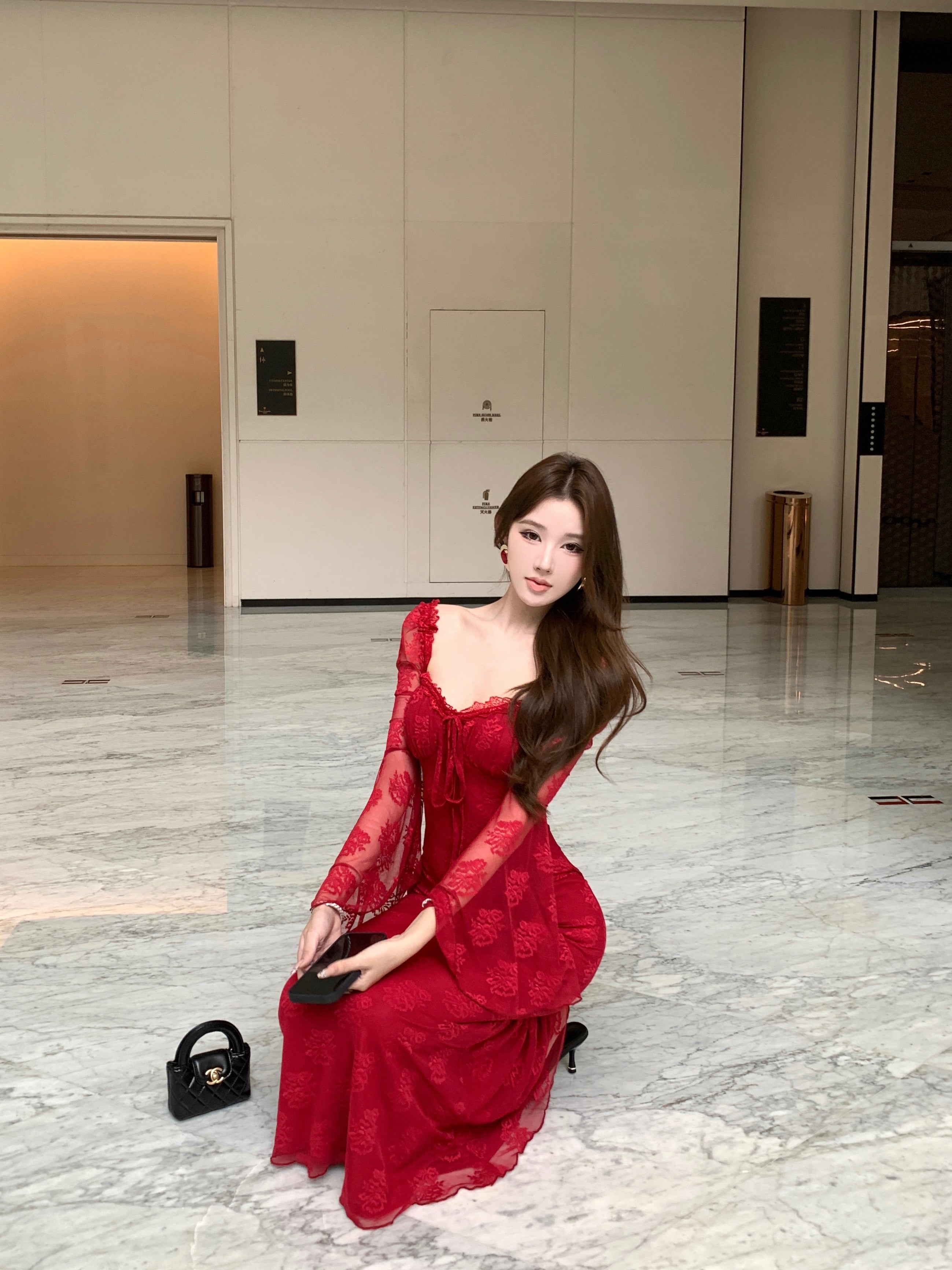 Women's Lace Hollow Square Neck Flared Sleeve Slim Bodycon Dress Miss Merylin Women's Lace Hollow Square Neck Flared Sleeve Slim Bodycon Dress Miss Merylin
