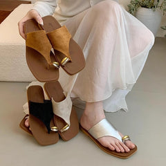 French Metal Buckle Flip-Flops for Women – Flat Soft Bottom Outdoor Holiday Sandals