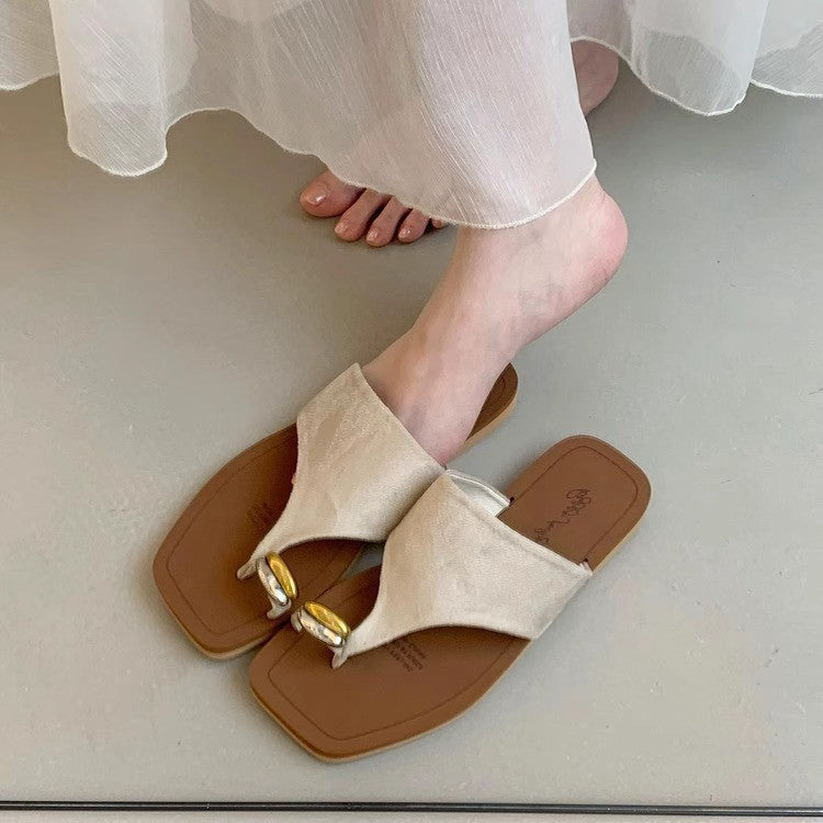 French Metal Buckle Flip-Flops for Women – Flat Soft Bottom Outdoor Holiday Sandals