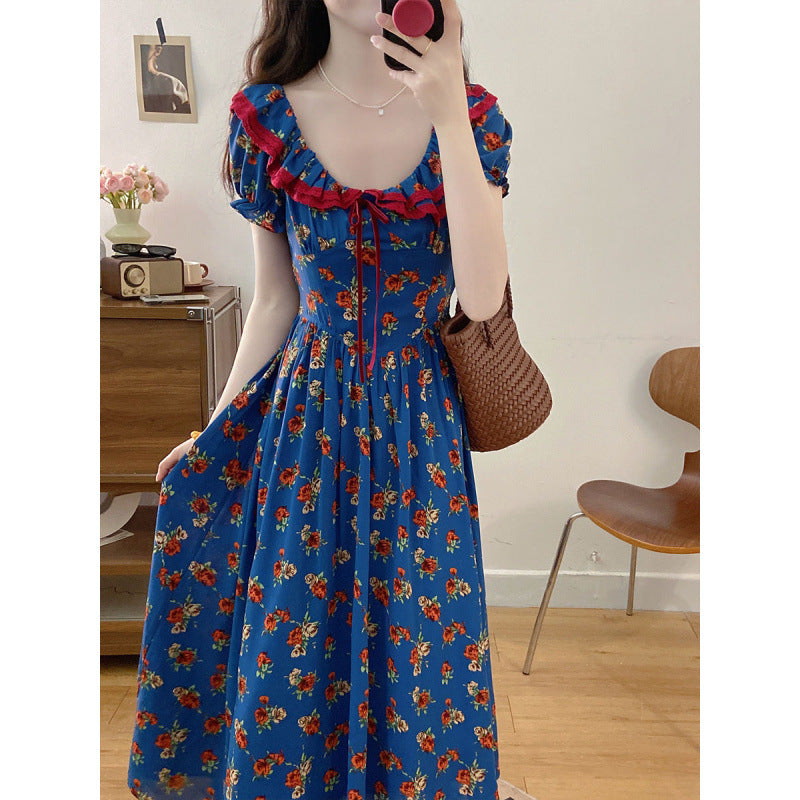 Elegant French Puff Sleeve Floral Maxi Dress – High-End Waist Slim Seaside Holiday Style
