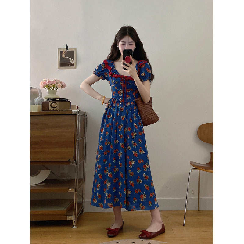 Elegant French Puff Sleeve Floral Maxi Dress – High-End Waist Slim Seaside Holiday Style
