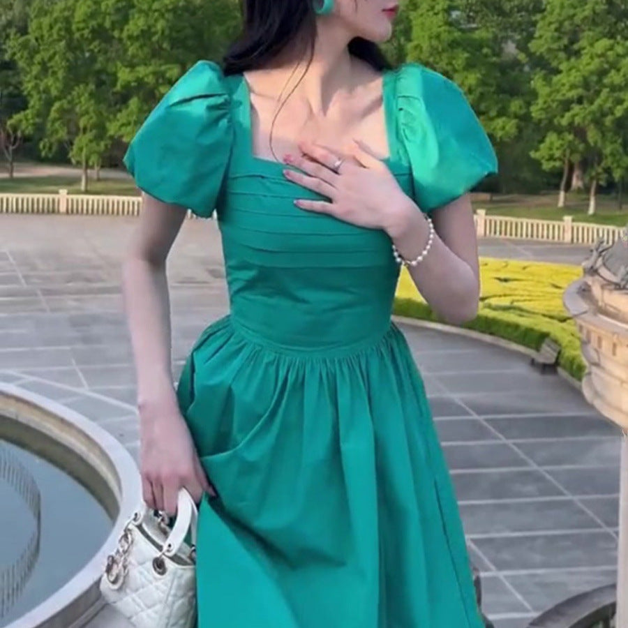 Shenzhen Nanyou Puff Sleeve Women’s Tea Break Dress – Retro Slim Waist Long Dress