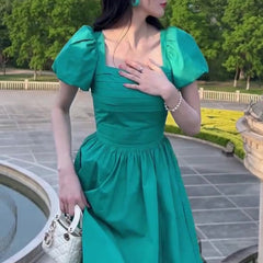 Shenzhen Nanyou Puff Sleeve Women’s Tea Break Dress – Retro Slim Waist Long Dress
