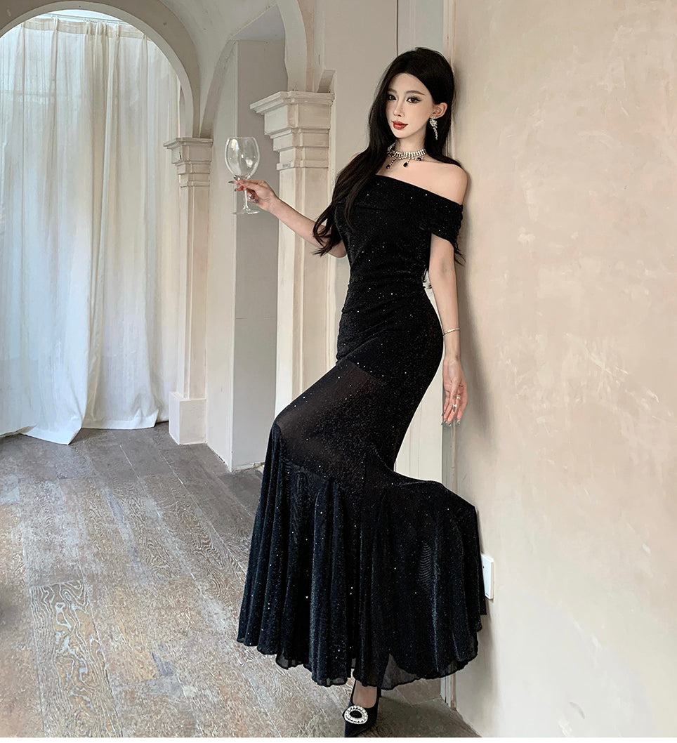 Women's Off Shoulder Glitter Waist-Cinched Bodycon Mermaid Evening Dress