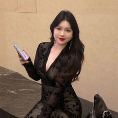 Floral V-Neck Bodycon Long Sleeve Dress for Women – Tie Waist Slim Fit