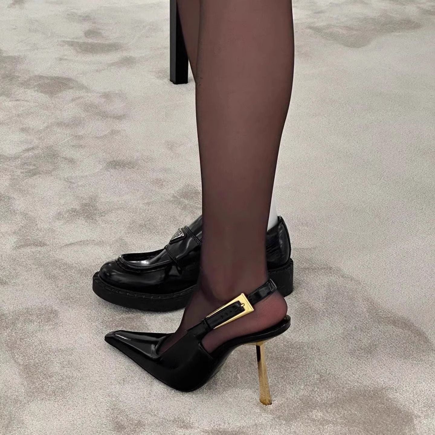 Black Patent Leather Pointed Stiletto Heels – Elegant Metal Baotou Sandals Inspired by Nazha