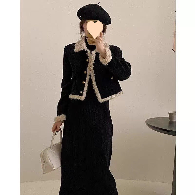 Fleece Lined Tweed Style Two Piece Outfit Slimming Jacket and Skirt Set