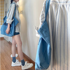 Women’s Blue Striped Shirt Jacket – Japanese Style Niche Fashion Outerwear