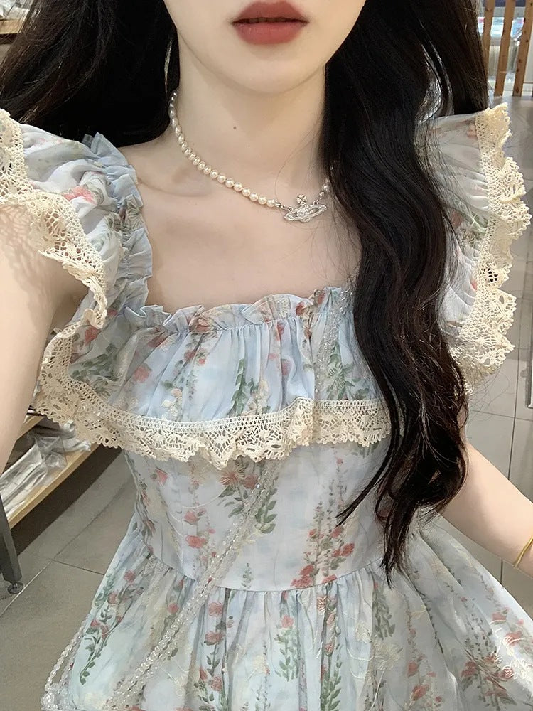 Square Neck Floral Dress for Women – French Pastoral Style A-Line Tea Break Skirt with Waist Design