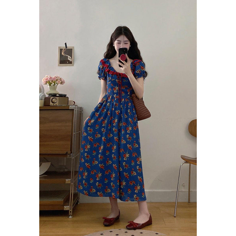 Elegant French Puff Sleeve Floral Maxi Dress – High-End Waist Slim Seaside Holiday Style