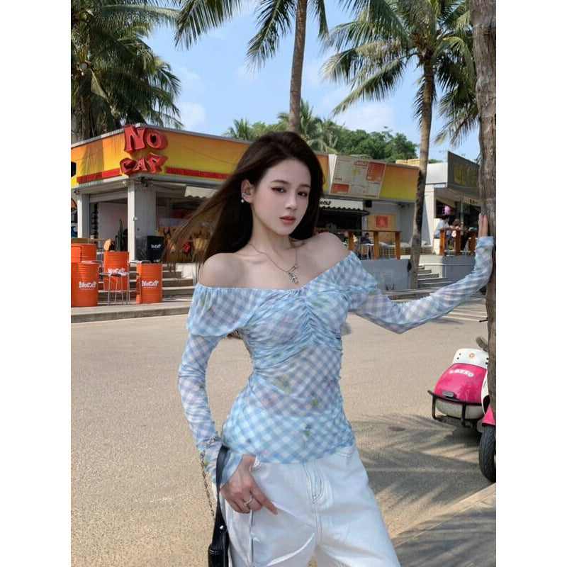 Blue Plaid One-Shoulder Mesh Long Sleeve T-Shirt for Women – Slim Fit Off-Shoulder Top