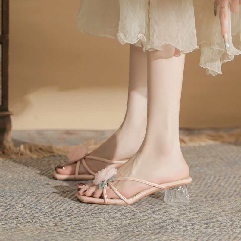 Retro Rose High Heel Slippers – Elegant Cheongsam-Inspired Slip-On Shoes for Women