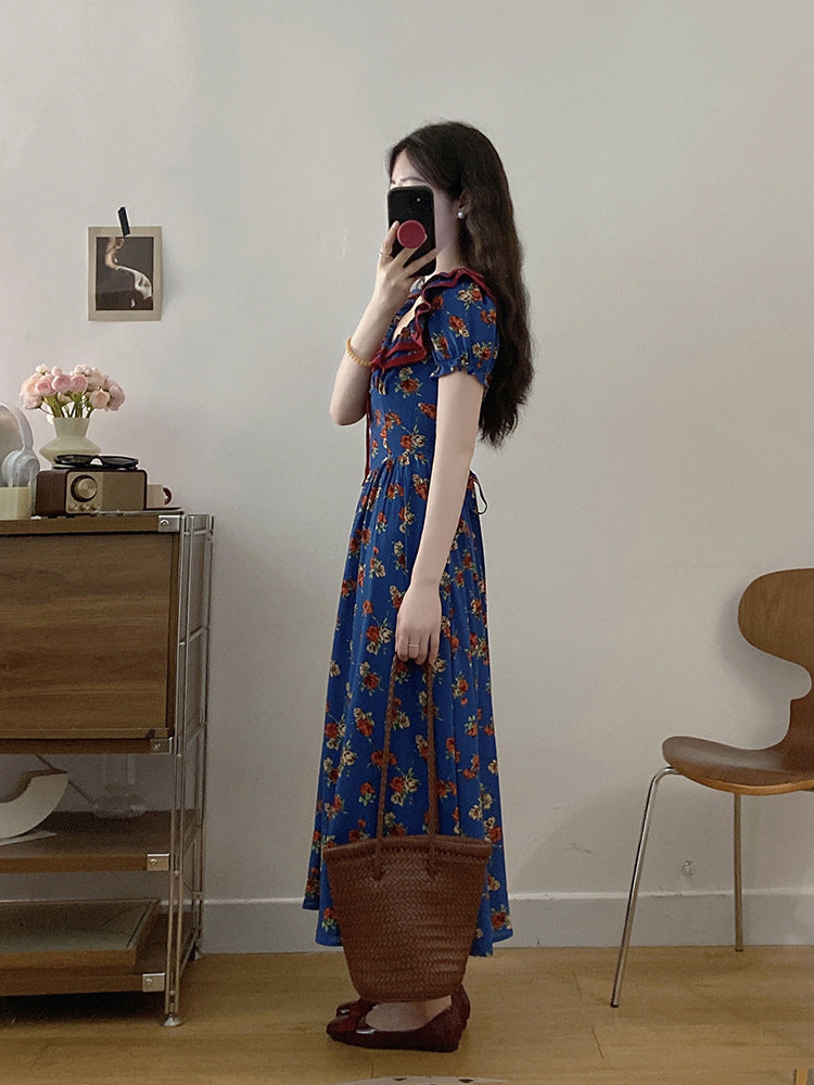 Elegant French Puff Sleeve Floral Maxi Dress – High-End Waist Slim Seaside Holiday Style