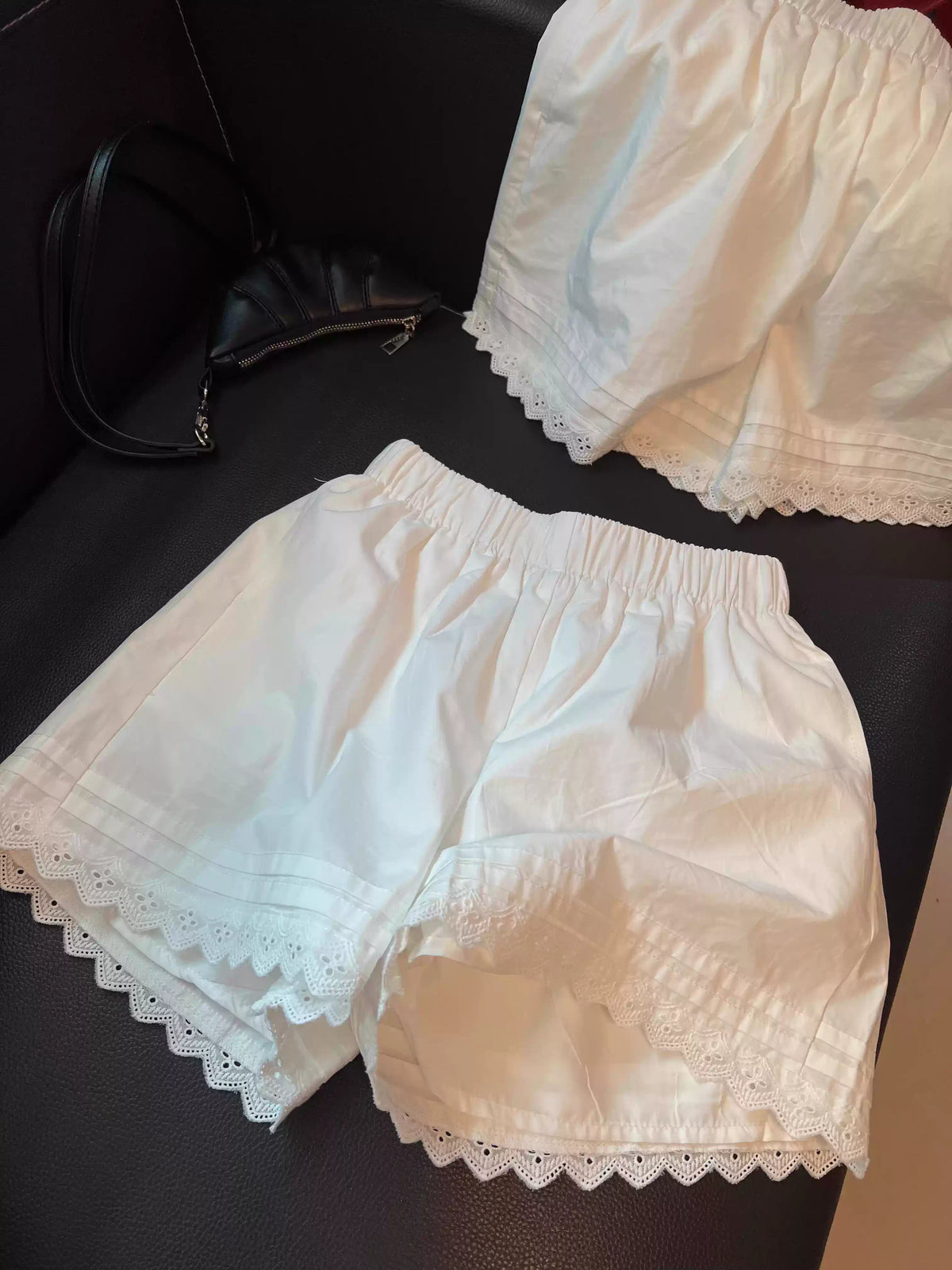 White Lace Trim Patchwork Casual Shorts for Women