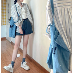 Women’s Blue Striped Shirt Jacket – Japanese Style Niche Fashion Outerwear