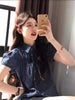 Korean Vintage Blue Plaid Puff Sleeve Blouse