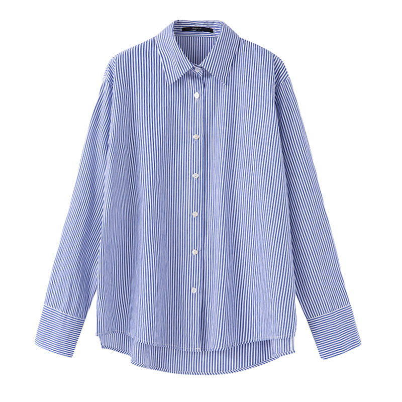 Women’s Retro Layered Blue Vertical Striped Shirt – Niche Design Casual Loose Fit
