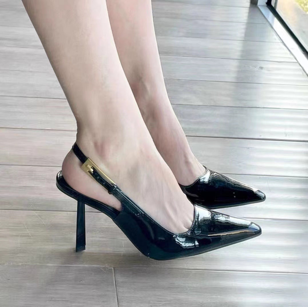 Black Patent Leather Pointed Stiletto Heels – Elegant Metal Baotou Sandals Inspired by Nazha