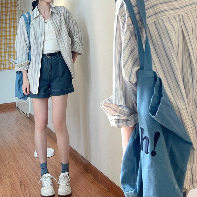 Women’s Blue Striped Shirt Jacket – Japanese Style Niche Fashion Outerwear