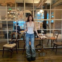 White Lace Deep V-Neck Camisole Blouse with Splicing Detail