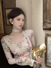 French Vintage V-Neck Long Sleeve Printed Mesh T-Shirt for Women, Slim Fit Short Elegant and Chic Top