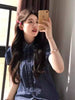 Korean Vintage Blue Plaid Puff Sleeve Blouse