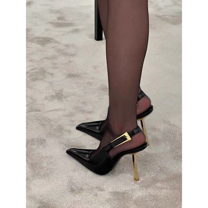 Black Patent Leather Pointed Stiletto Heels – Elegant Metal Baotou Sandals Inspired by Nazha
