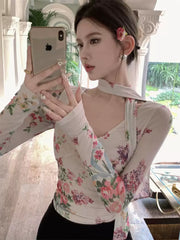 French Vintage V-Neck Long Sleeve Printed Mesh T-Shirt for Women, Slim Fit Short Elegant and Chic Top