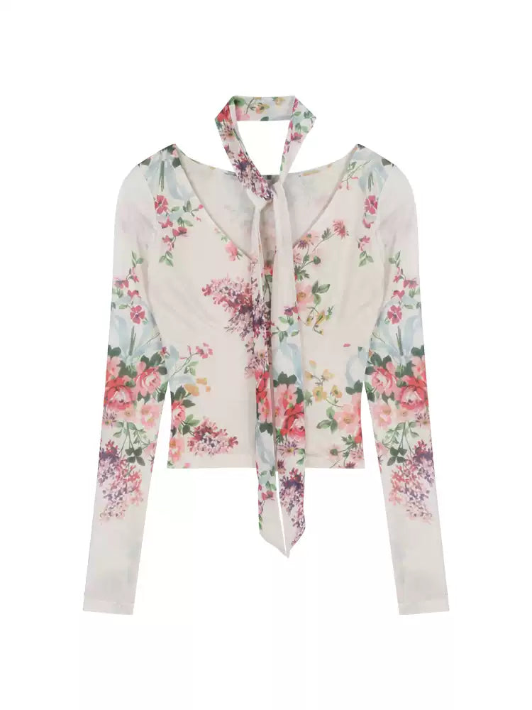 French Vintage V-Neck Long Sleeve Printed Mesh T-Shirt for Women, Slim Fit Short Elegant and Chic Top