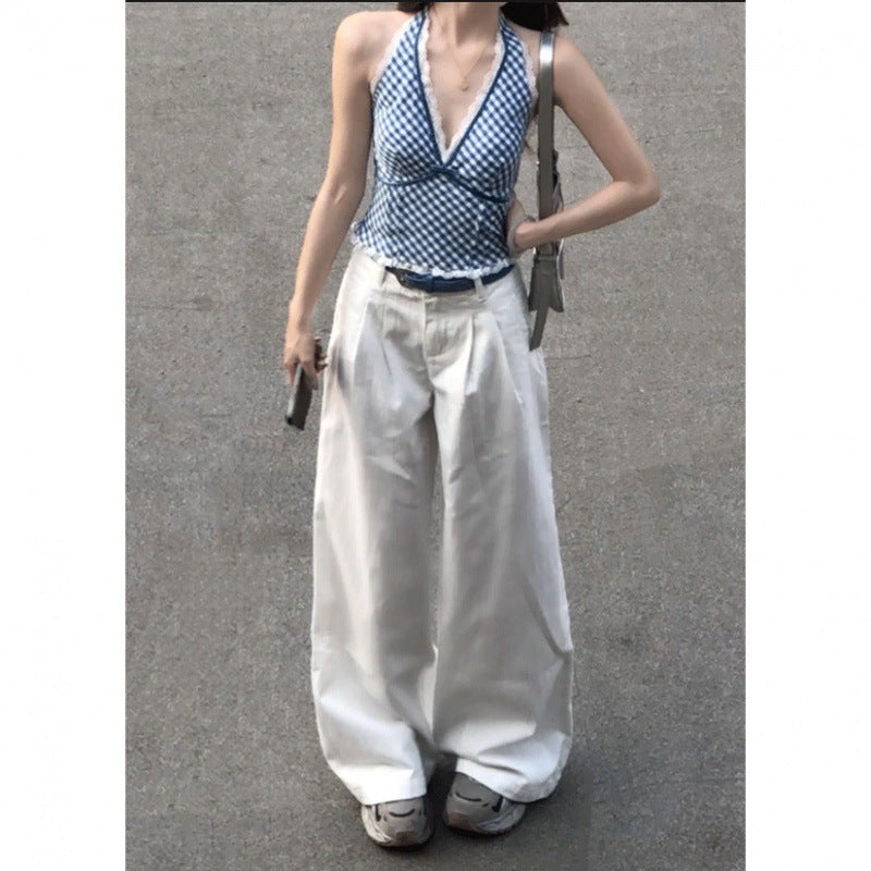 Korean Style Lace V-Neck Halter Camisole – Elegant Sleeveless Crop Top
