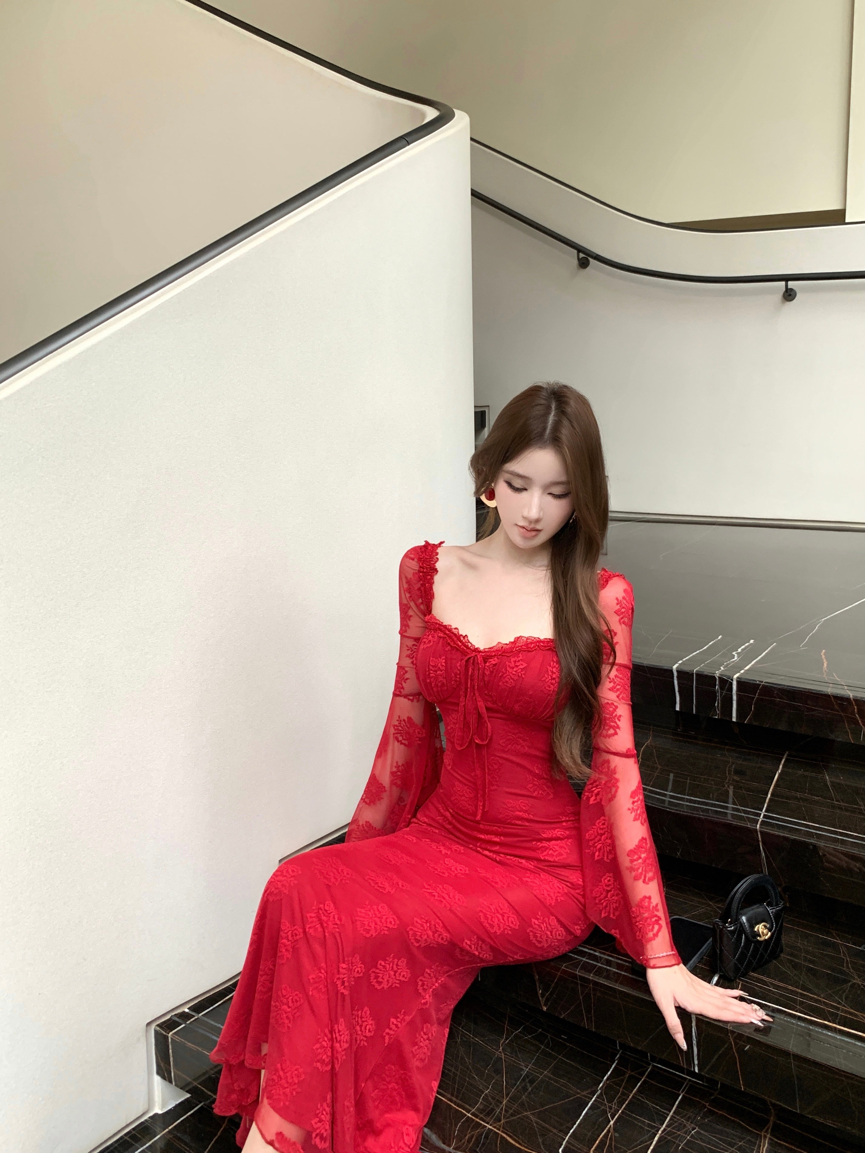 Women's Lace Hollow Square Neck Flared Sleeve Slim Bodycon Dress Miss Merylin Women's Lace Hollow Square Neck Flared Sleeve Slim Bodycon Dress Miss Merylin