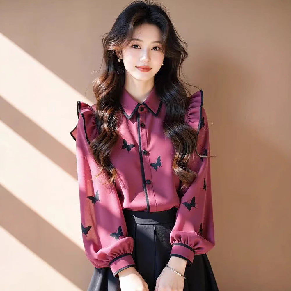 Rose Red Butterfly Print Puff Sleeve Top – Women's Flying Sleeve Blouse