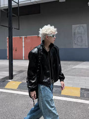 Deconstructed Vintage Moto PU Leather Jacket – Short Loose Unisex Stand Collar Coat