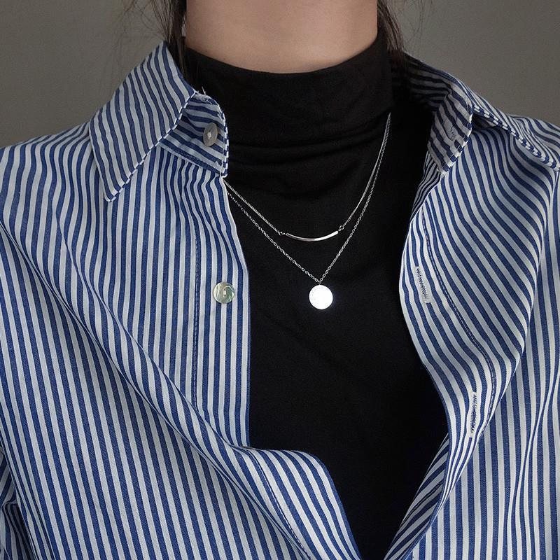Women’s Retro Layered Blue Vertical Striped Shirt – Niche Design Casual Loose Fit