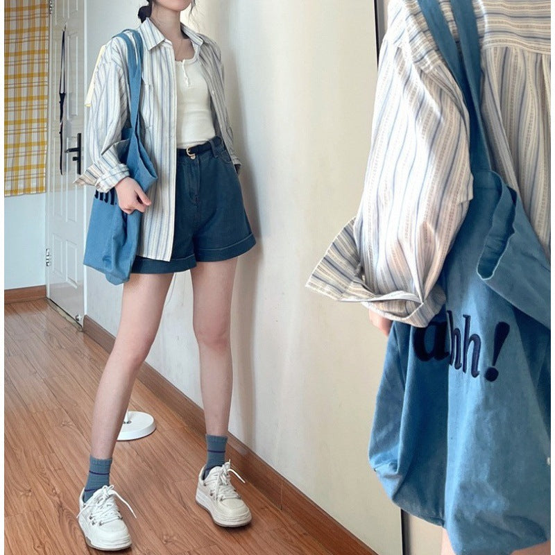 Women’s Blue Striped Shirt Jacket – Japanese Style Niche Fashion Outerwear