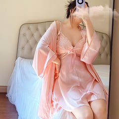 Satin Ice Silk V Neck Butterfly Sleep Dress with Padding Sexy Silky Nightdress