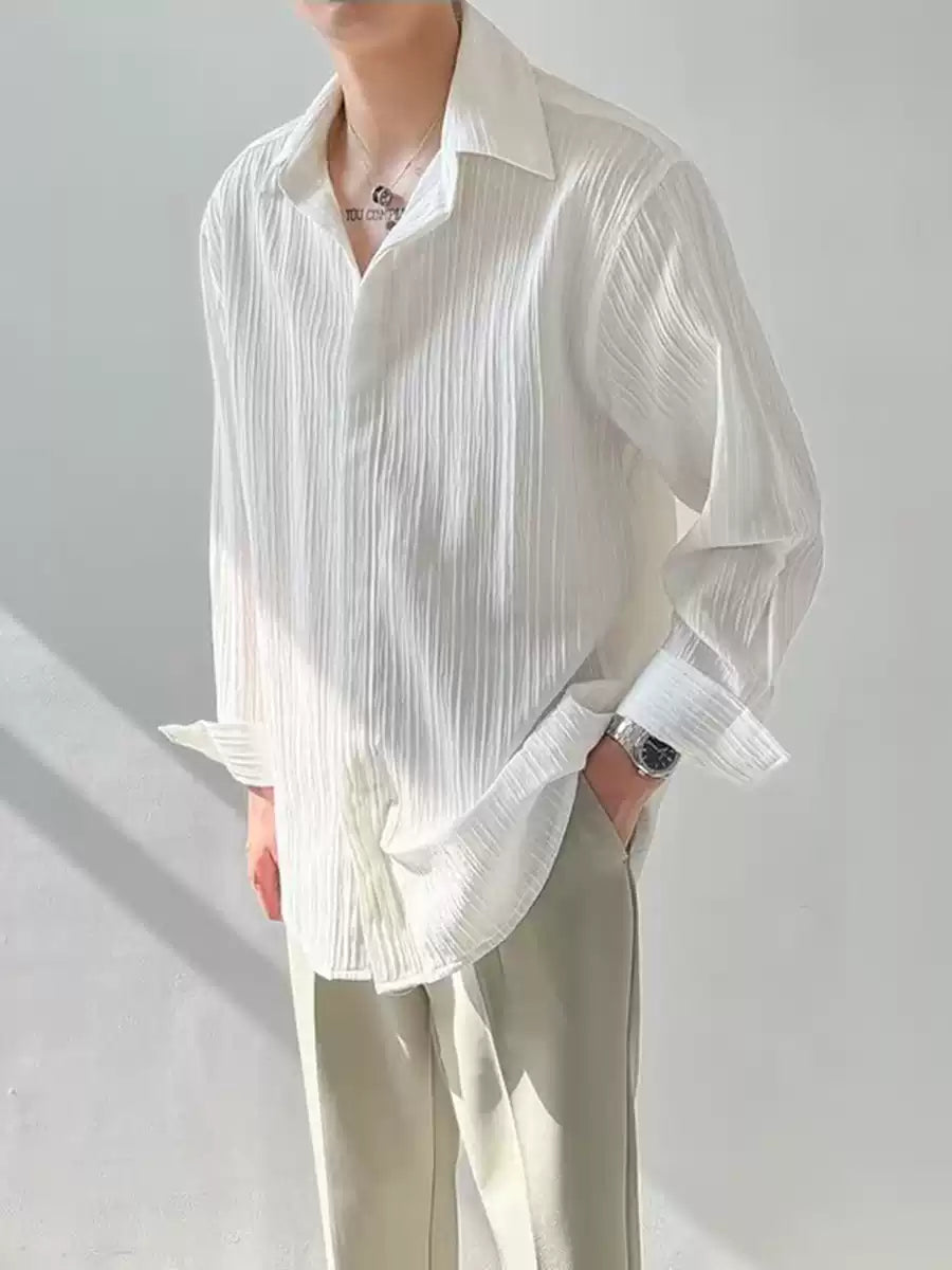 Men’s Loose Fit Wrinkle Texture Long Sleeve Korean Casual Shirt