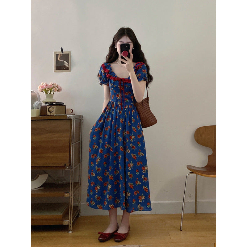 Elegant French Puff Sleeve Floral Maxi Dress – High-End Waist Slim Seaside Holiday Style