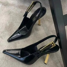 Black Patent Leather Pointed Stiletto Heels – Elegant Metal Baotou Sandals Inspired by Nazha