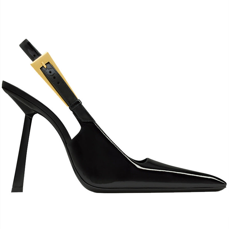 Black Patent Leather Pointed Stiletto Heels – Elegant Metal Baotou Sandals Inspired by Nazha