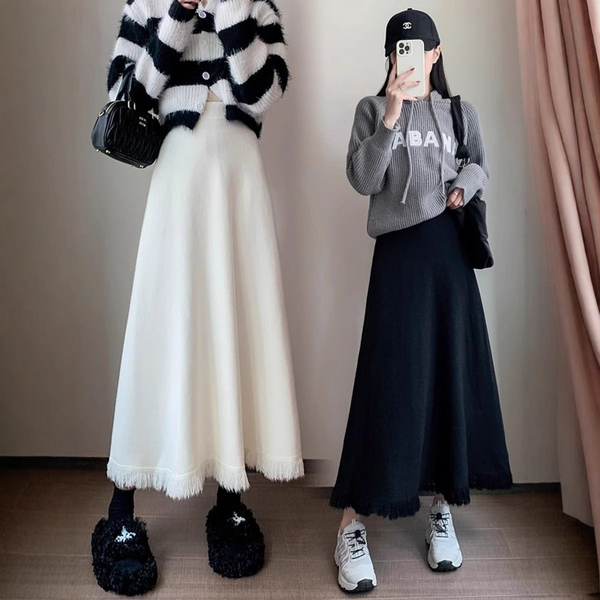 Apricot Knit High Waist A Line Midi Skirt Elastic Waist Flowy Slimming Skirt