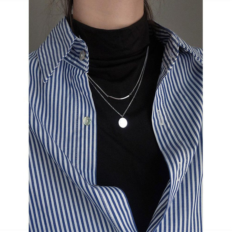 Women’s Retro Layered Blue Vertical Striped Shirt – Niche Design Casual Loose Fit