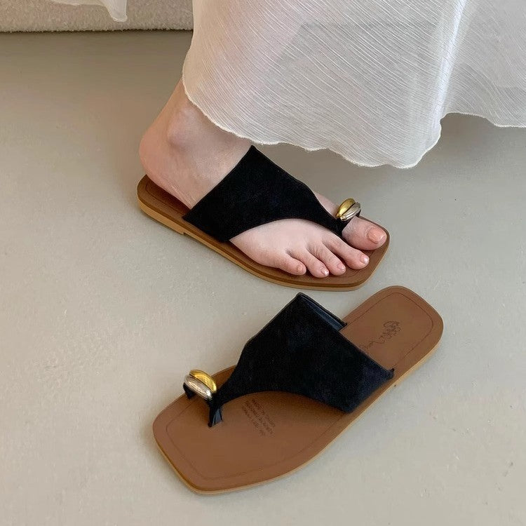 French Metal Buckle Flip-Flops for Women – Flat Soft Bottom Outdoor Holiday Sandals