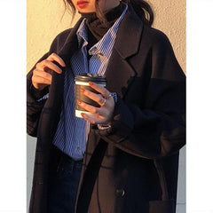 Women’s Retro Layered Blue Vertical Striped Shirt – Niche Design Casual Loose Fit