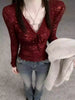 Red Brushed Lace Long Sleeve Top for Women