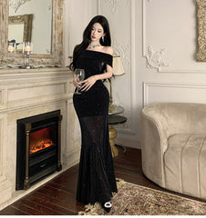 Women's Off Shoulder Glitter Waist-Cinched Bodycon Mermaid Evening Dress